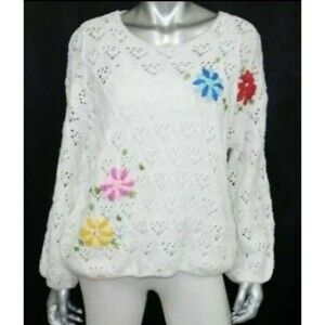 Floral Crochet Sweater Top Knit Size L large Off White Acrylic tie back Y2K